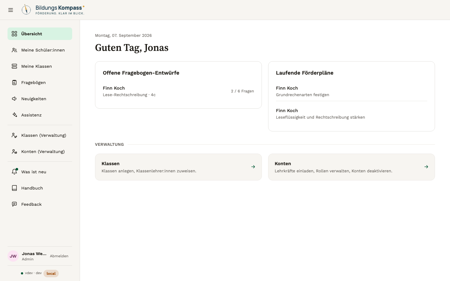 Das Dashboard der Anwendung mit offenen Fragebogen-Ausfüllungen und laufenden Förderplänen