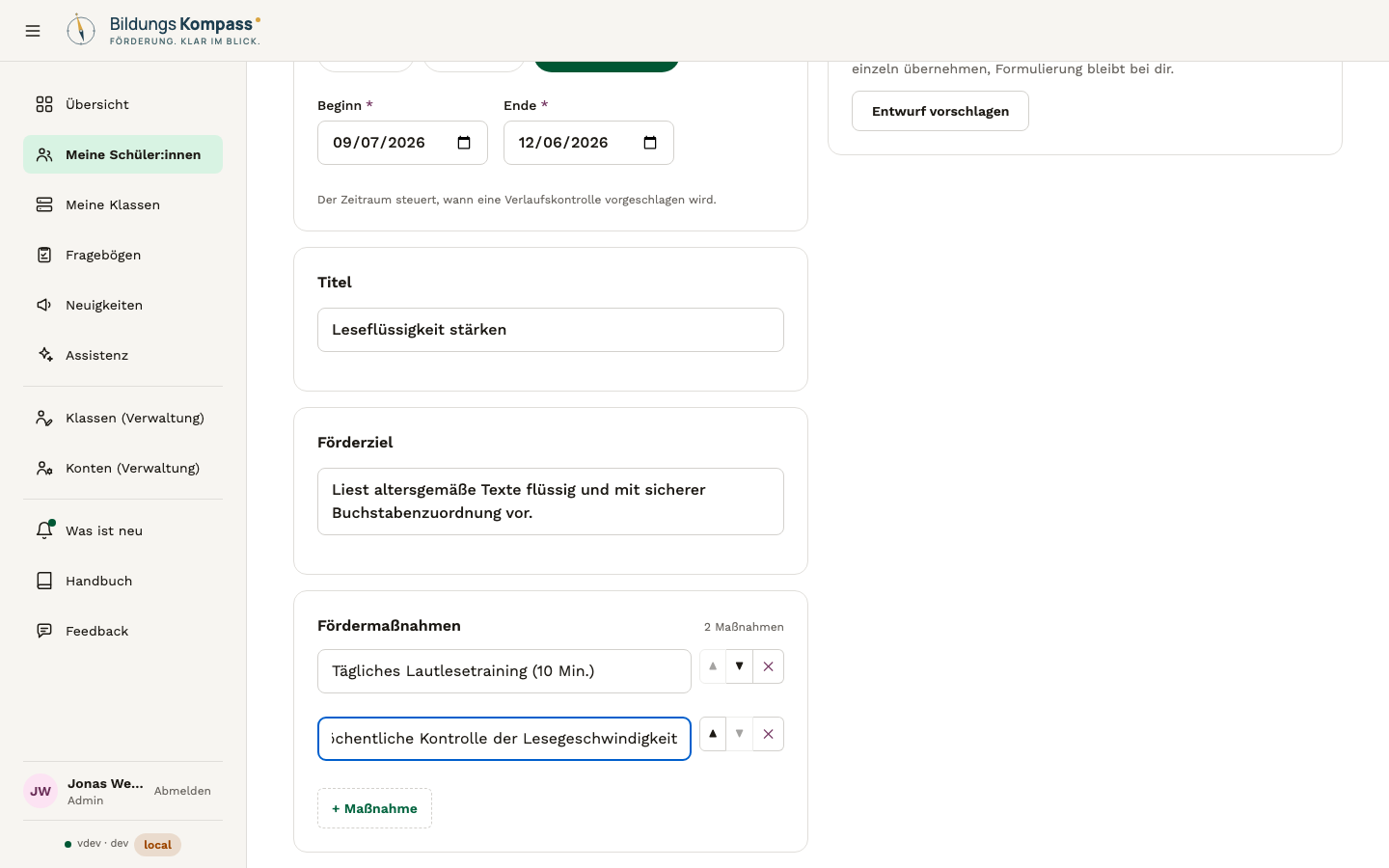 Formular zum Anlegen eines Förderplans mit Zeitraum, Förderziel und Maßnahmen