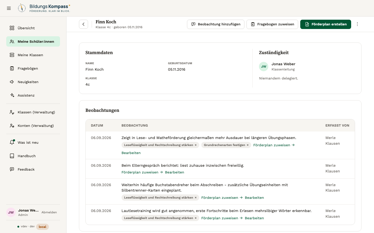 Karte „Beobachtungen" an einem Kind mit mehreren Förderplan-Badges an einer Beobachtung